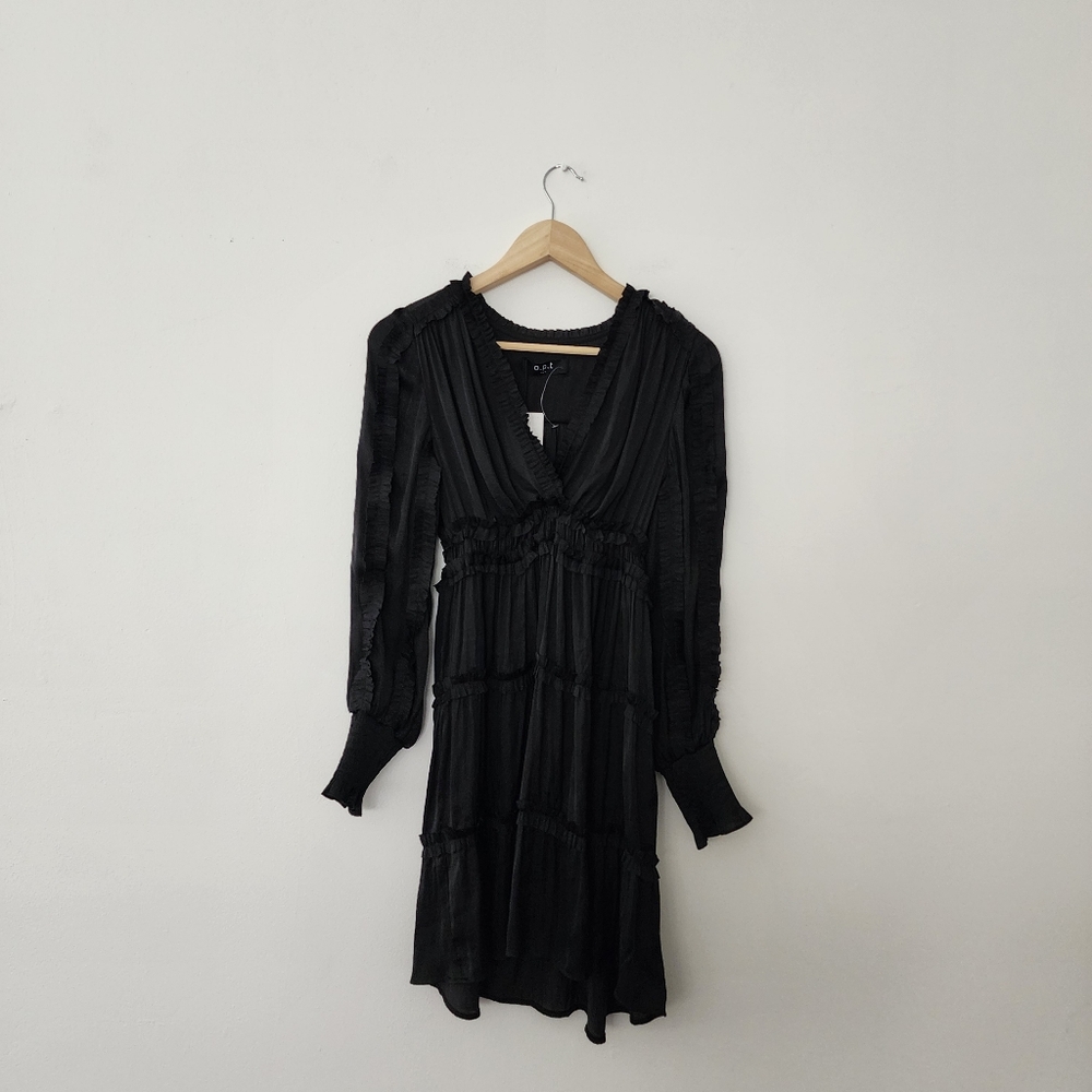 O.P.T | NWT Silky Black Long Sleeved Dress with Ruffle Detail